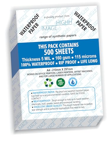 Waterproof Paper | 500 Sheets Bulk Pack, A4, 160 GSM Thickness 5 MIL, Synthetic Paper, from HIGHH IMAGE for Laser Printers.