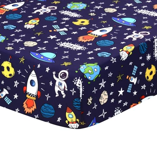 Image of JISEN Baby Crib Sheets Soft Breathable Space Fitted Crib Sheets for Standard Crib and Toddler Mattress Baby Bed Sheets for Boys Girls Neutral 52x28 Inch Navy