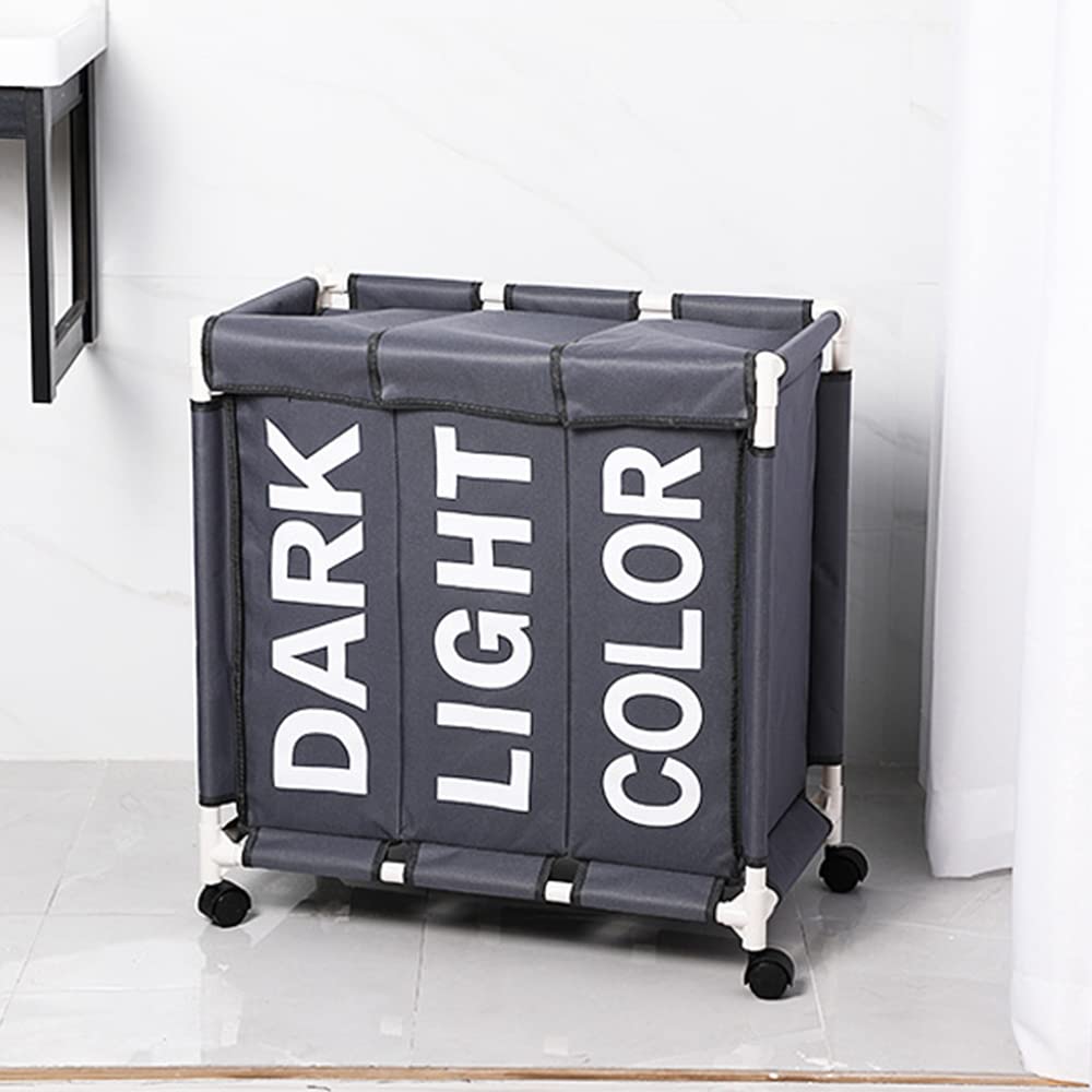 Cesto portabiancheria in tessuto Oxford, cestino portabiancheria impermeabile, cestino per biancheria sporca, 3 scomparti con ruote, 61 x 35 x 65 cm (grigio)