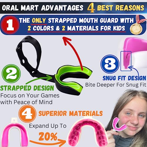 Image of Oral Mart Black /Green Strapped Youth Mouth Guard for Kids - Sports Mouthguard with Connected Strap for Ice Hockey, Football, Lacrosse, Taekwondo