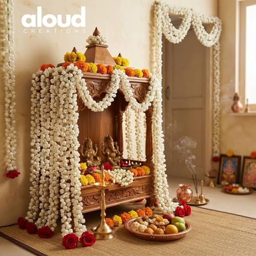 Image of ALOUD CREATIONS 6Pc Decorative Artificial Mogra (Jasmine) Flower Garlands String with Rose for Diwali, Home Decoration, Pooja Room, Wall Hanging Toran, Main Door Wedding Decor - 2.5 feet / 30 inches