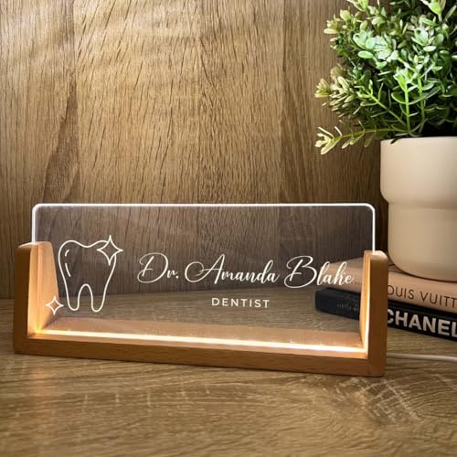 Personalized Dentist Desk Name Plate with LED Wood Holder