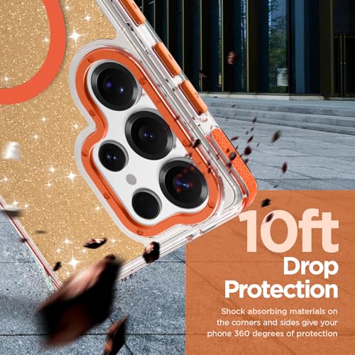 Image of Magnetic Case for Samsung Galaxy S25 Ultra [Compatible with Magsafe] [Bling Glitter Fluorescent Design] [1 Screen Protector] Slim Translucent Matte Case for Galaxy S25 Ultra 6.9 inch, Orange