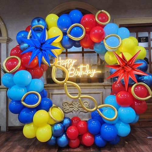 Image of Red Blue Yellow Balloon Arch Kit, 120 Pcs Carnival Circus Balloon Garland Kit, Red Metallic Blue Gold Balloon with Explosion Star Foil Balloons for Kids Birthday Carnival Theme Party Decorations