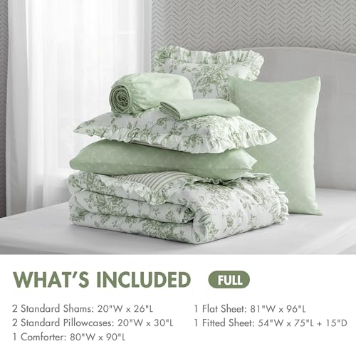 Image of Madison Park Essentials Adele Green Floral Full Size Comforter Set - Vintage Bed in a Bag with Sheets, Reversible Ruffle Bedding, Elegant Gift for Her