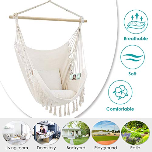 Hammock Chair Hanging Swing, Cotton Weave Hanging Swing Chair 2 Soft Cushions Included, Large Hammock Chair Swing Seat with Side Pocket, Perfect for Home, Bedroom, Patio, Backyard, Deck, Garden Use - Thumbnail 5