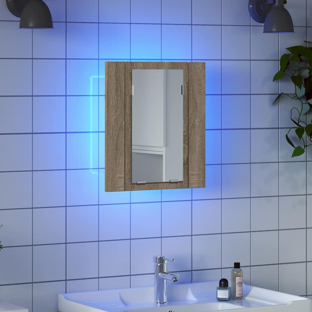 Szafka łazienkowa z lustrem LED, drewno dębowe Sonoma, 40 x 12 x 45 cm, światło RGB, akrylowe lustro, montaż ścienny do łazienki i WC dla gości łącznie z oświetleniem LED, nadaje się do