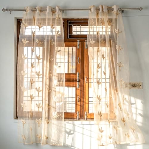 Image of Fabrilia Luxury Gold Leaf Embroidered Sheer Curtains - Premium Tissue Net Transparent Grommet Panels for Living Room & Bedroom, Cream & Gold (5 feet, Set of 2)
