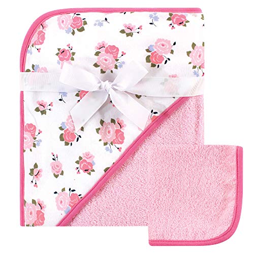 Luvable Friends Unisex Baby Cotton Hooded Towel and Washcloth, Floral, One Size
