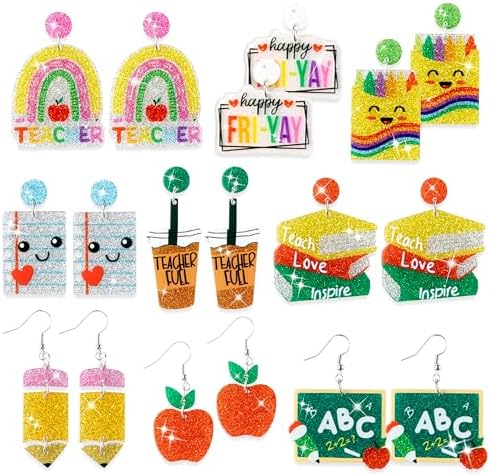 Y1tvei Teacher Earrings for Women - 9Pairs Colorful Rainbow Apple Pencil Book Sparkly Glitter Acrylic Earring Drop Dangle Lightweight Cute Back to School Teacher Jewelry Accessories Appreciation Gifts