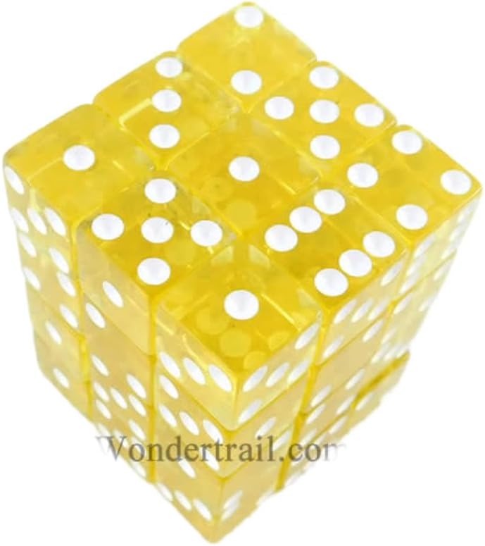 Yellow Transparent Squared Corner Dice with White Pips D6 12mm (1/2in) Pack of 36 Dice Koplow Games