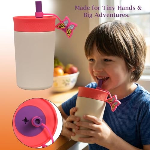 Image of Kids Sipper Bottle for Toddlers with Straw Lid, BPA Free Leak Resistant Training Cup, Easy Grip Design Cute butterfly Cap for School Travel (Off-White , 350 ML)