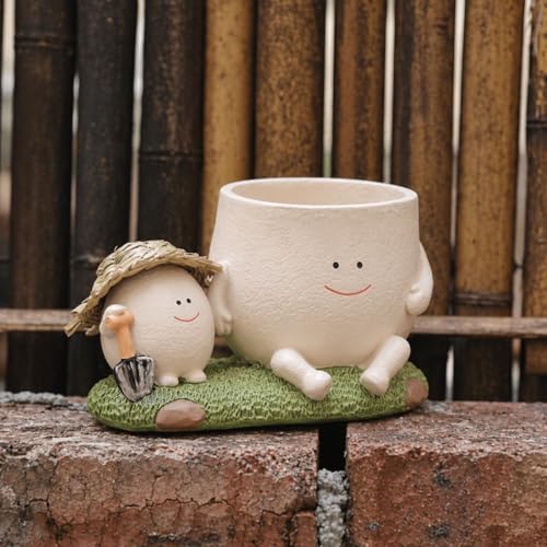 Image of Cute Smile Face Planter Pot with Drainage Hole, Resin Head Flower Pot for Succulents, String of Pearls, Indoor Outdoor Plants, Funny Cartoon Plant Holder for Home Garden