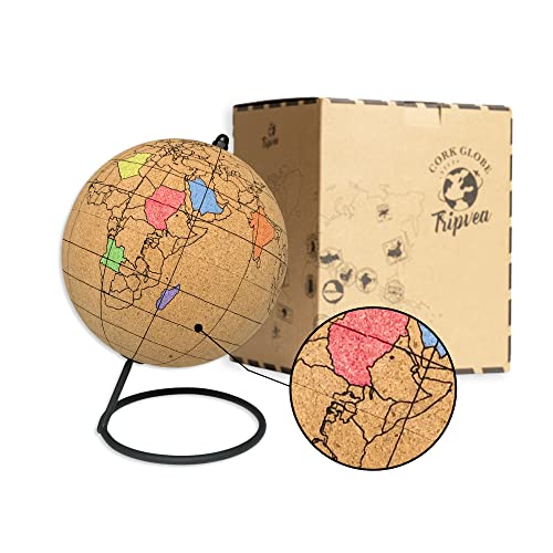 TRIPVEA Globo terráqueo de corcho vintage para colorear - Mapamundi decorativo con temática de viajes - Idea de regalo divertida y creativa para niños - Tamaño = 20 cm + rotuladores