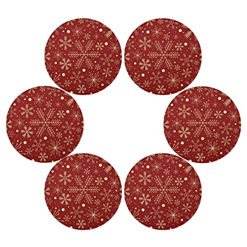 Lot de 6 sets de table ronds de Noël avec flocons de neige sur fond rouge foncé pour table de cuisine, salle à manger, isolation thermique, antidérapants, lavables