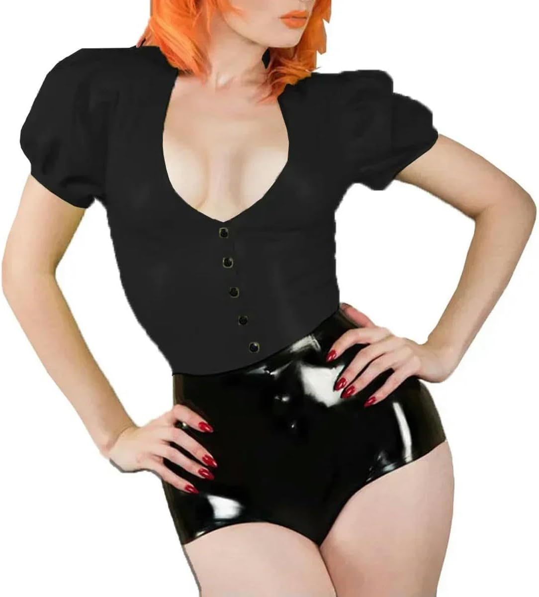 Deep V-neck Front Single-breasted Womens PVC Leather Tight Top Club Attire customizable