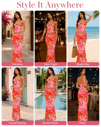 Image of Two Piece Skirt Set for Women - Sexy Sleeveless Spaghetti Strap Pleated Tank Top Maxi Long Skirts Sets