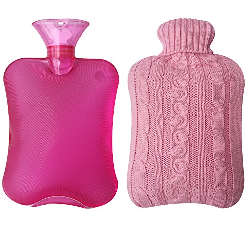 أتمو زجاجة ماء ساخنة مع غطاء محبوك، قربة ماء ساخنة شفافة 2 لتر - لون بينك