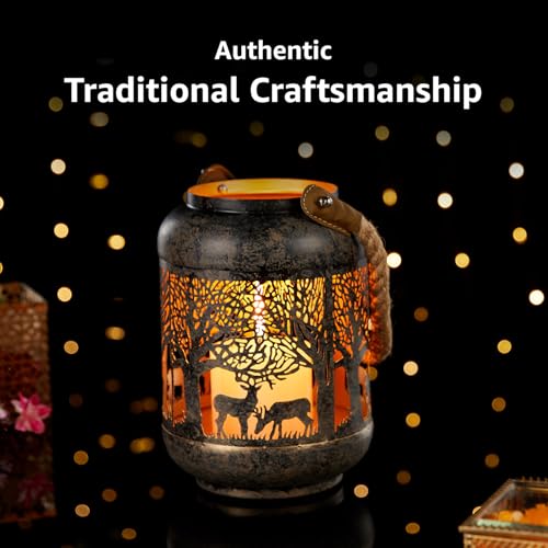 Image of Amazon Brand - Solimo Tea Light Lantern - Round Deer Design, Brown Antique Iron with Gold Interior (Size: L-15 cm x W-15 cm x H-23 cm)