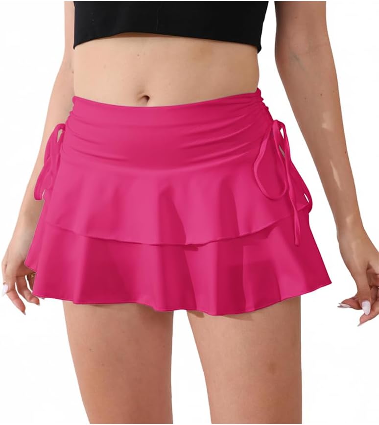 Women's Y2k Mini Ruffle Skirts with Shorts Tiered Layers Cute Elastic Waist Coquette Skort Drawstring Side Bow Tie