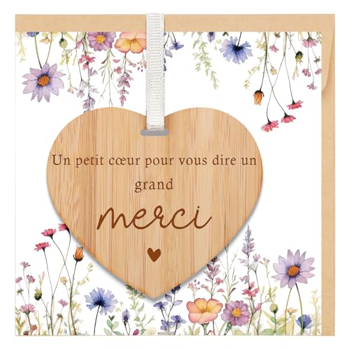 TheGiffter Carte Merci Cadeau Maitresse D'école avec Plaque Cœur en Bois, Carte Remerciement avec Enveloppe, Cadeaux Merci Atsem Maitresse Professeur Creche...