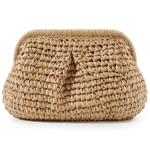 Amszke Bolsa de palha verão praia bolsas de mão para mulheres bolsas de ombro transversais nuvem bolsa clutch bolsa de mão, Caqui