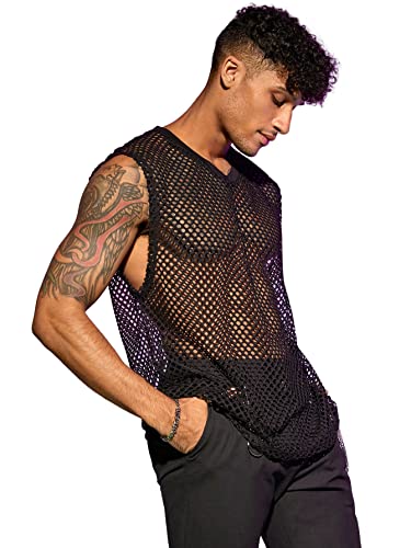 WDIRARA Men's Sheer Mesh Sleeveless V Neck Tank Top T Shirt Party Top