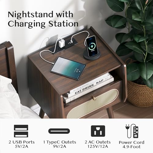 Image of JOINICE Mid Century Modern Nightstand Set of 2 with Charging Station | Rattan Bedside Table with Storage, Walnut Boho End Table with Wooden Legs, Suitable for Bedroom, Living Room, Easy Assembly