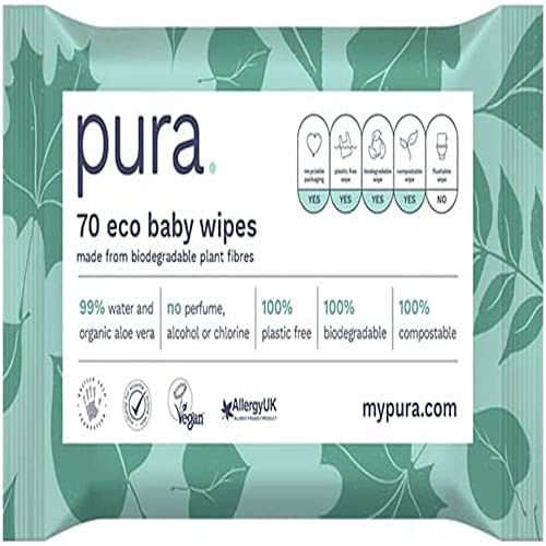 Pura Baby Wipes 100 % sin plástico, 99 % agua, adecuadas para pieles sensibles y propensas a eccemas, biodegradables y compostables, 70 toallitas, No Desechable