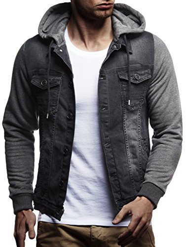 Image of Leif Nelson Men's Sweat Jacket | Vintage Denim Jacket for Men | Slim-Fit Long Sleeve Hooded Denim Jacket