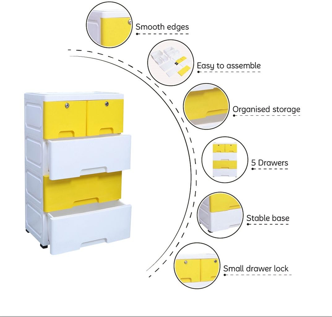 The Tickle Toe 5-Drawer Plastic Chest for Kids | Yellow White Storage Organizer with Locks | Portable Dresser Cabinet for Toys & Clothes | 44L x 28.5W x 67H cm 1