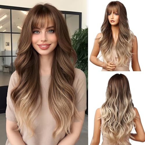 Esmee 24'Peluca sintética de onda natural larga Ombre Marrón a dorado, adecuada para fiestas de mujeres blancas/negras o para diario