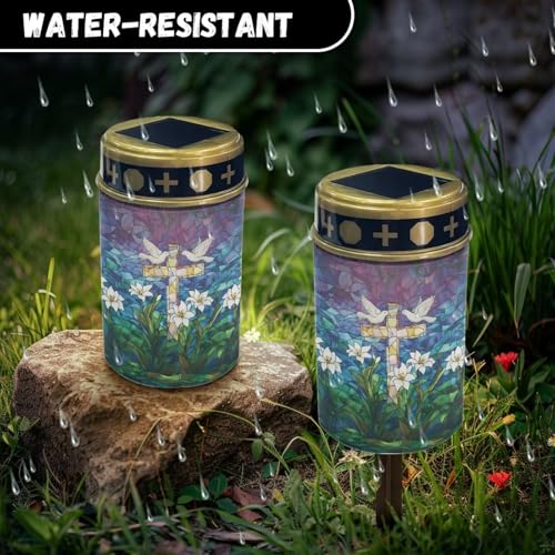 Image of Solar Lighted Cross Pigeon Lily Print Waterproof Solar Grave Outdoor Lights for Cemetery Landscape Path Flamesless Candle Garden Stake Light for Outdoor Yard Patio