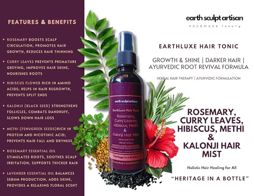 Image of Rosemary Hibiscus Hair Growth Spray for Hair Fall & Dandruff Control, Hair Regrowth with Curry Leaves, Methi & Kalonji | 100% Natural, Handmade, Non-Greasy & Fast Absorbing | 105ml