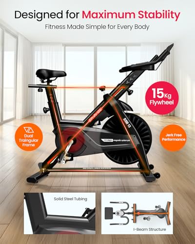 Image of Sparnod Fitness SSB-13 Spinning Bike for Home Use - Pro Magnetic Resistance System,15kg Flywheel, LCD Monitor with Pulse, 4-Way Adjustable Seat, Heavy Duty Steel Flywheel, Max weight 150kg