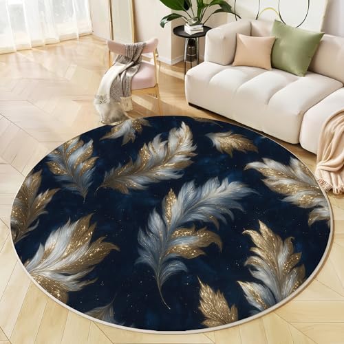 Tapis rond lavable en machine plumes dorées 200cm platine pour salon - 3