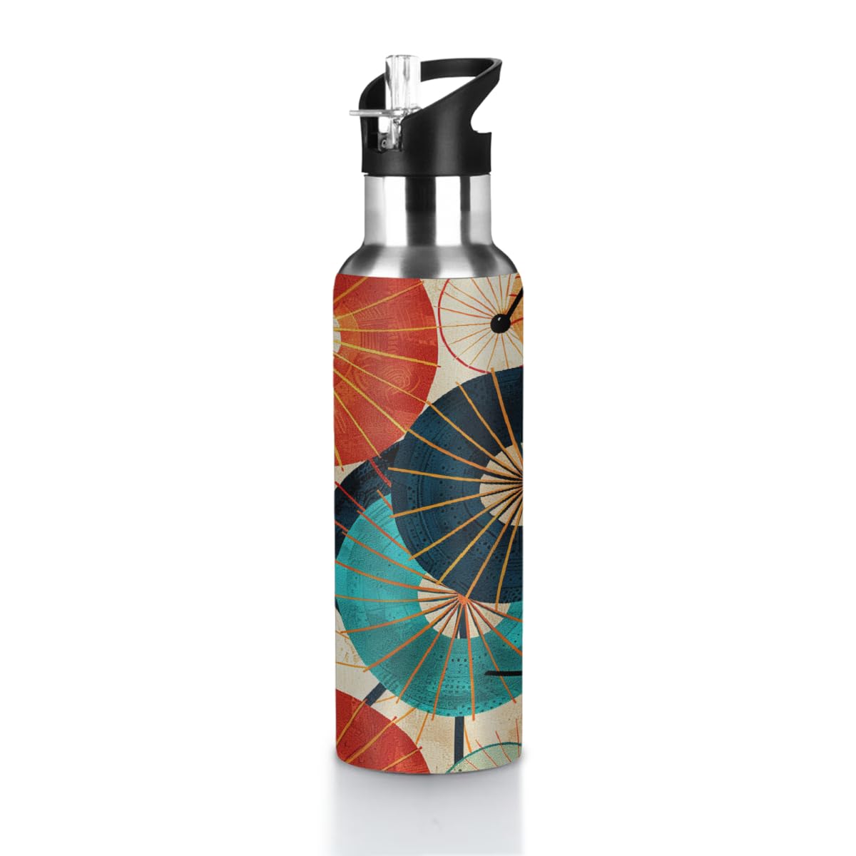 VQUVQV Colorful Japanese Umbrella Print Insulated Stainless Steel Water Bottle with Straw for Sports and Travel, 600ml Leakproof Gym Water Bottles for Men Women