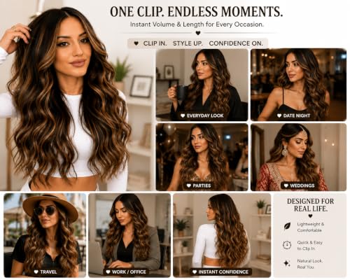 Image of Salon-Grade Clip-in Hair Extensions for Women, Imported Synthetic Hair, 6 PCS with 13 Secure Clips, Instant Volume, Natural Blend, Reusable Hair Volumizer (Brown with Golden Highlights, Curly /Wavy)
