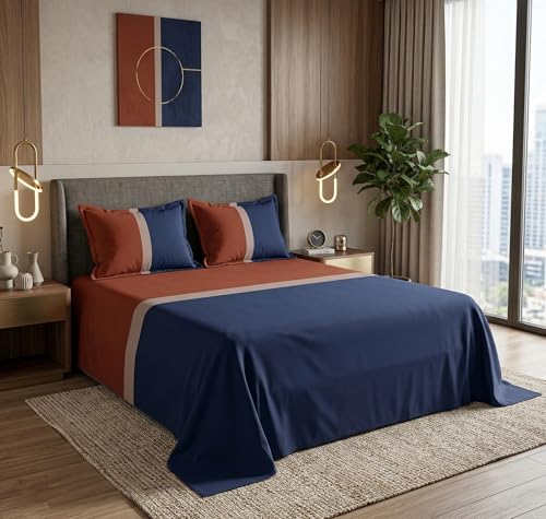 Image of SANMARINO Premium Cotton Double Bedsheet with 2 Pillow Covers, Soft & Breathable, Modern Geometric Color Block Design, All-Season Comfortable Bedding Set - 228 x 254 cm (Terracotta Royale)
