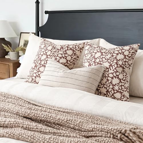Image of Foindtower Set of 2 Decorative Neutral Floral Throw Pillow Covers Accent Farmhouse Cushion Covers Boho Lumbar Pillowcase for Couch Sofa Bedroom Living Room Home Decor,12x20 Inch,Wine Red