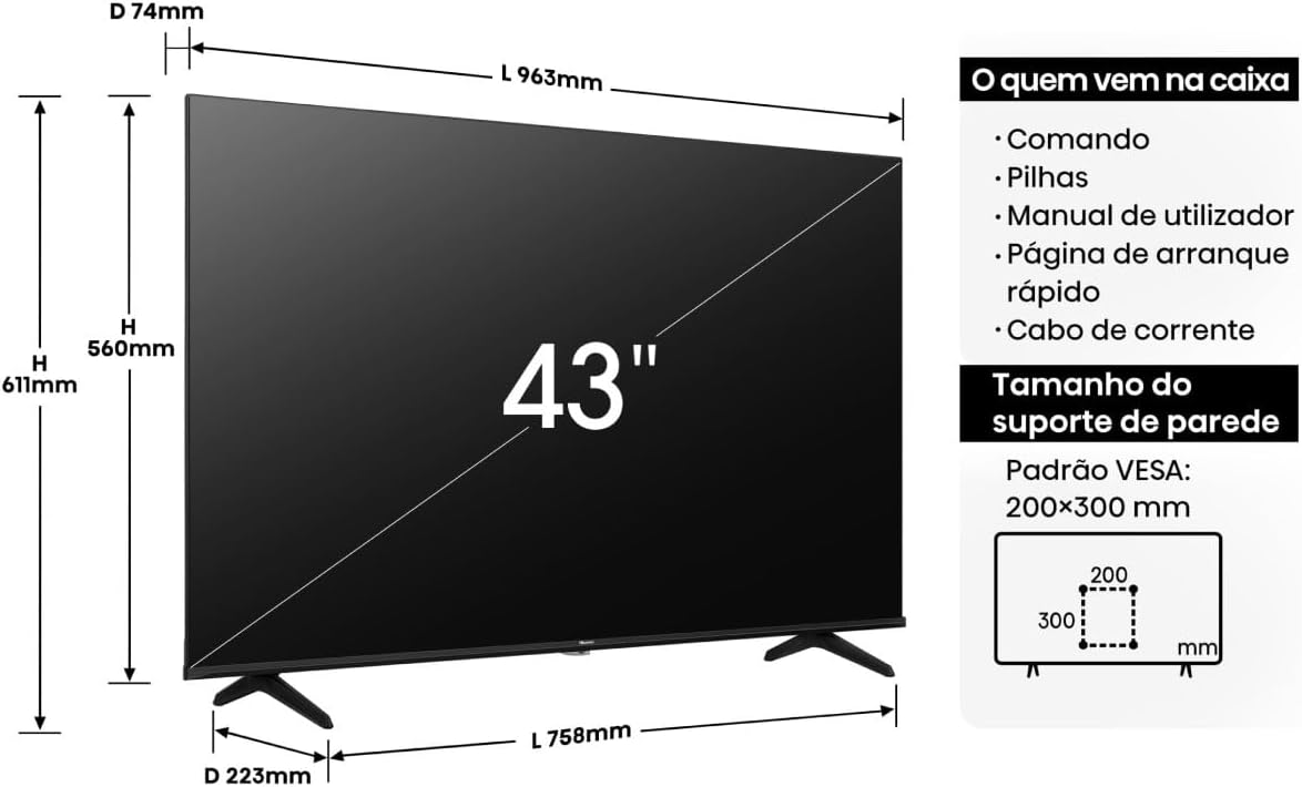 Diagram showing TV dimensions and package contents