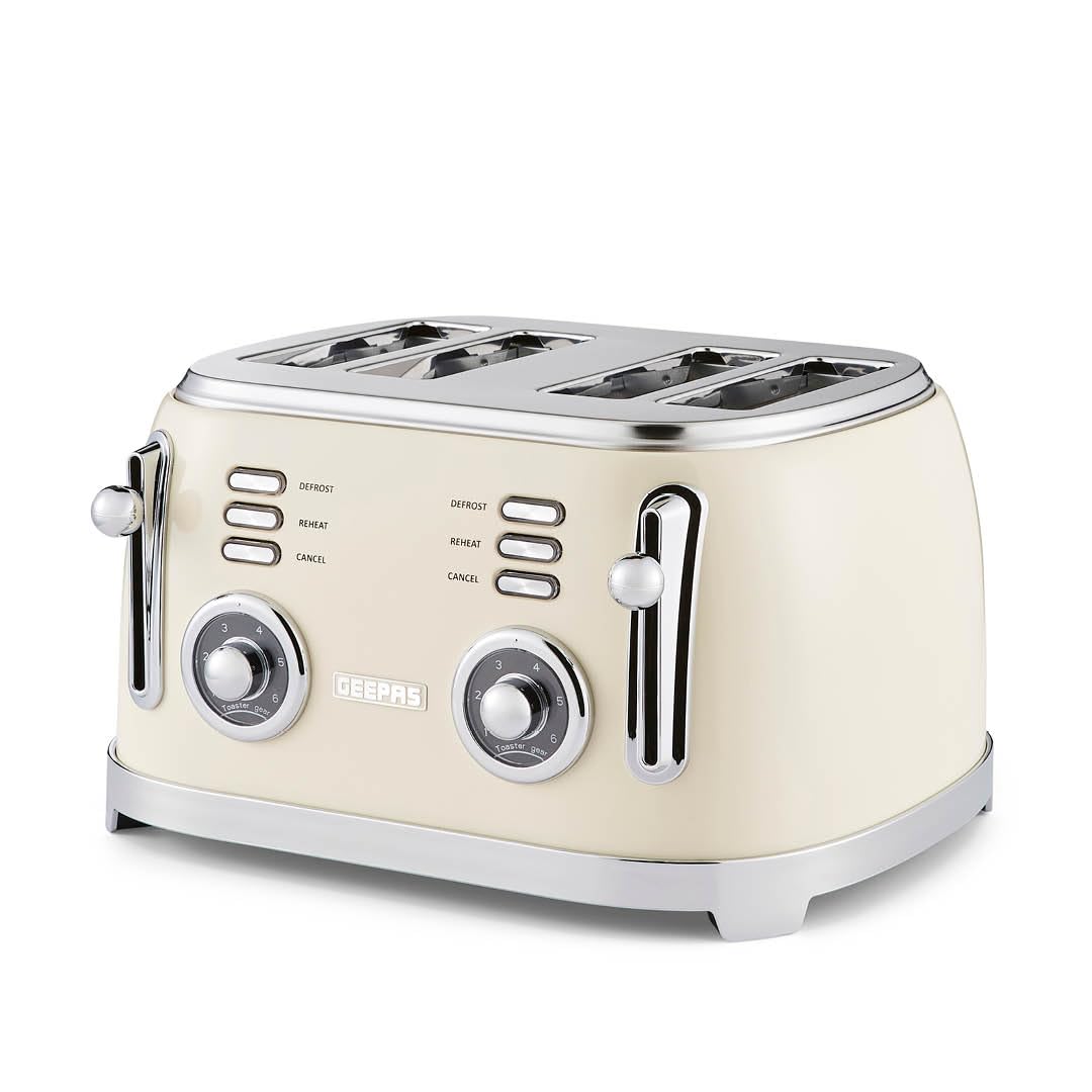Geepas Retrovive 4 Slice Toaster - Wide Slots - Cream - 1500W