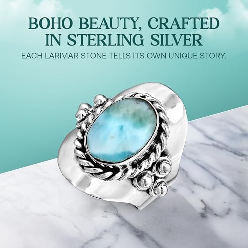 Boho-Magic Sterling Silver Larimar Ring for Women – Oval Gemstone – Handmade Jewelry for Women – Boho Style Larimar Ring – Unique Jewelry Gift for Her3