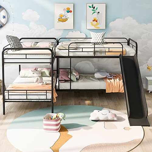 Merax Twin Size L-Shaped Bunk Bed for 4 Twin Over Twin Bunk Bed with Slide and Ladder Space Saving Black Metal Bunk Bed Frame with Guardrail for Family Sleepover Guest Room
