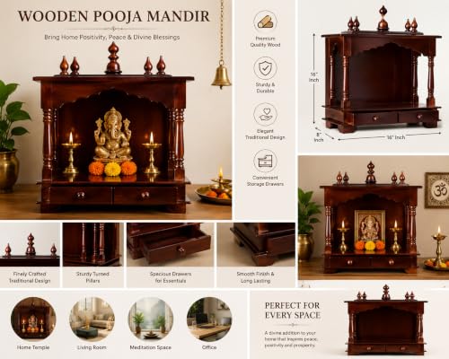 Image of Kamdhenu Art and Craft Wood Home Temple, Brown, Temple, 20 x 11 x 24 inch Lx Wx H