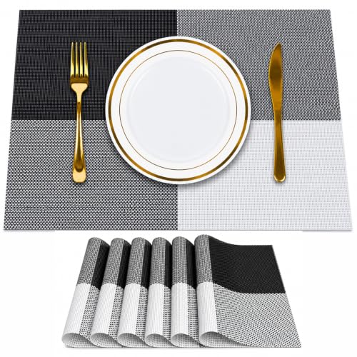 Image of Solitude Set of 6 Dining Table Placemats | Non-Slip PVC Table Mats, Heat Resistant, Washable, Stain-Resistant Surface (Black & White, 45 x 30 cm)