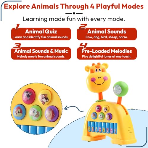Image of Uonibaby by StarAndDaisy 3-in-1 Animal Shaped Baby Musical Toy , Piano Keys with Lights, 5 Animal Voices, 360 Rotating Head & Jackpot Wheel , Pull-Along Toy for Infants, Toddlers & Kids -Giraffe