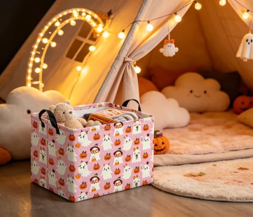 Image of Halloween Basket Cute Baskets for Kids Pumpkin Basket Rectangular Storage Bin Organizer Box Room Decor(Pink Pumpkin Ghost)