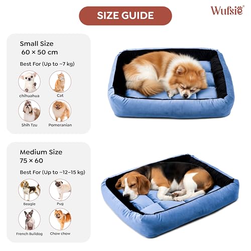 Image of Reversible Rectangle Dog Bed | Small 50 X 65 Cm Pet Bed for Puppies and Cats | Premium Velvet, Washable Fabric | Soft Sofa-Style Bed for Dog with Thick 15 Cm Insert | Black & Sky Blue