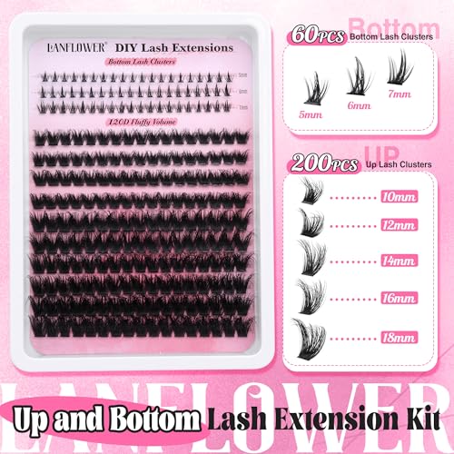Lanflower Lash Clusters Kit with Bottom Lashes Extension 120D Thick Volume Cluster Lashes Waterproof Cluster Eyelash Extensions Kit D Curl Eyelash Extension Kit Fluffy 10-18 mm Individual Lashes - Image 3
